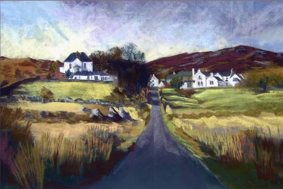 Colonsay Hotel and Kirk - Pastel